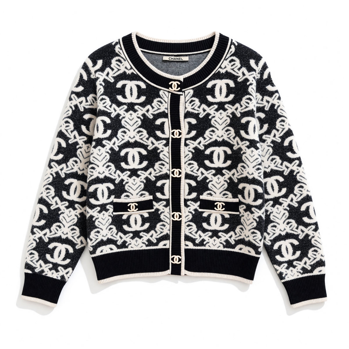 Black and ivory Chanel knit cardigan with CC buttons and patch pockets