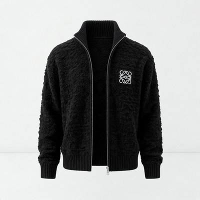 black sherpa zip jacket with ribbed collar and embroidered Loewe logo