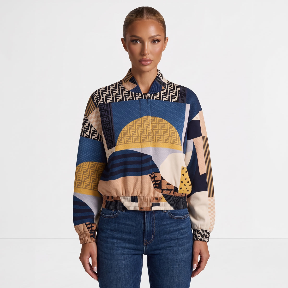 Cropped Fendi printed bomber jacket with multicolor geometric and FF monogram pattern