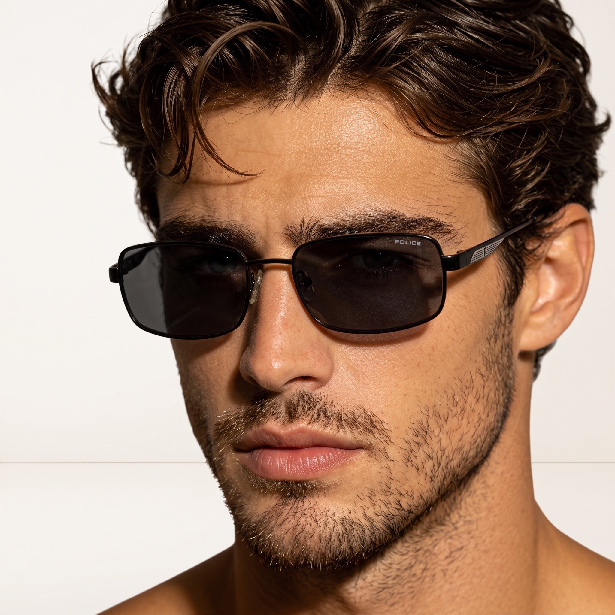 Police black rectangular pilot sunglasses with metal frame on male model