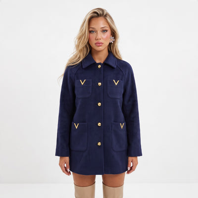 navy women's wool jacket with gold V hardware and gold buttons