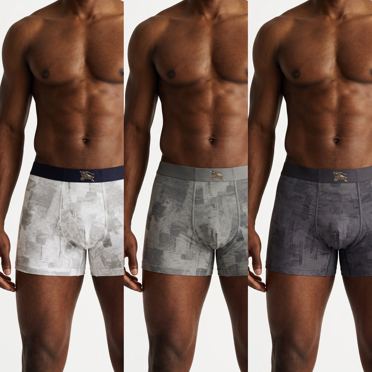 Three-tone grey Burberry boxer briefs with gold equestrian logo on waistband