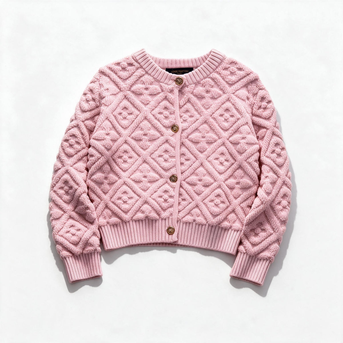 Louis Vuitton pink textured bouclé cardigan with gold buttons