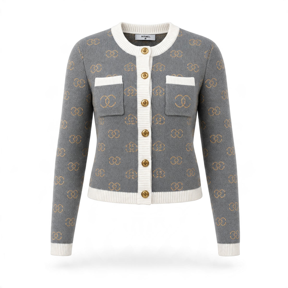 grey knit cardigan with cream trim gold buttons and repeating logo pattern
