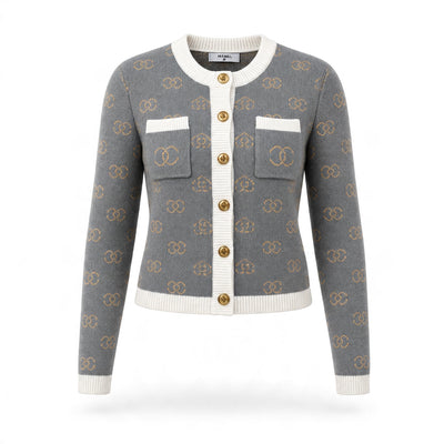 grey knit cardigan with cream trim gold buttons and repeating logo pattern