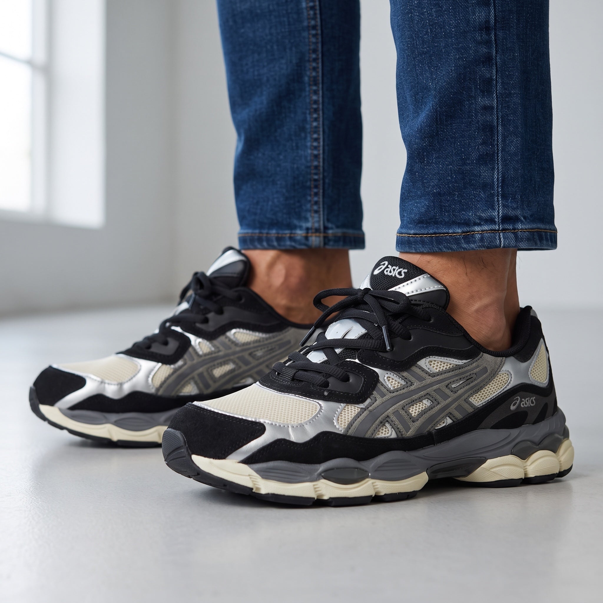 ASICS silver and black chunky runner sneaker with mesh panels and cream midsole