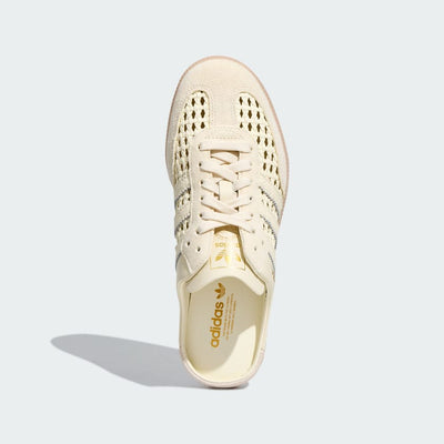 Cream Adidas Samba mule with woven upper and gum sole, backless slip-on style