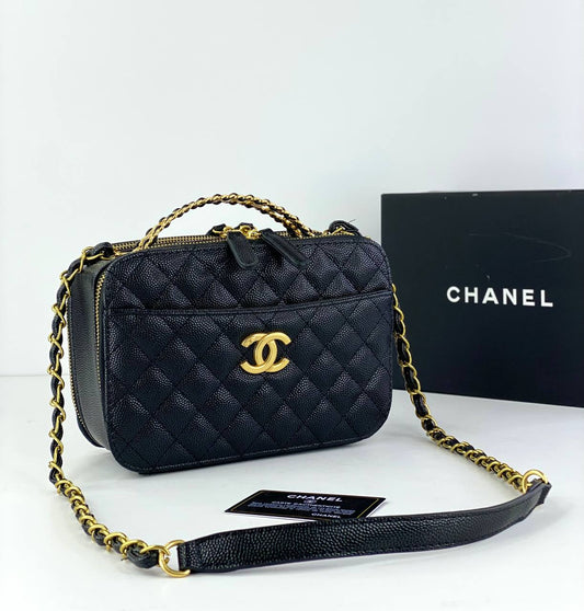 Chanel Quilted Black Vanity Case with Gold Chain