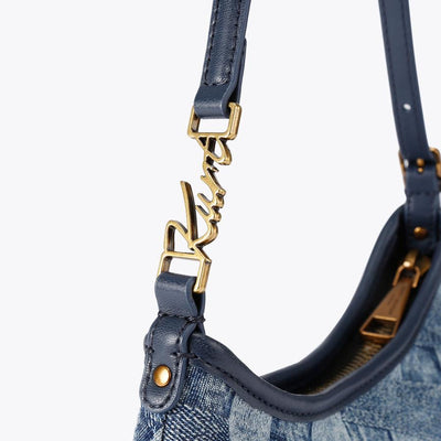 Kurt Geiger denim weave shoulder bag with navy trim and gold hardware