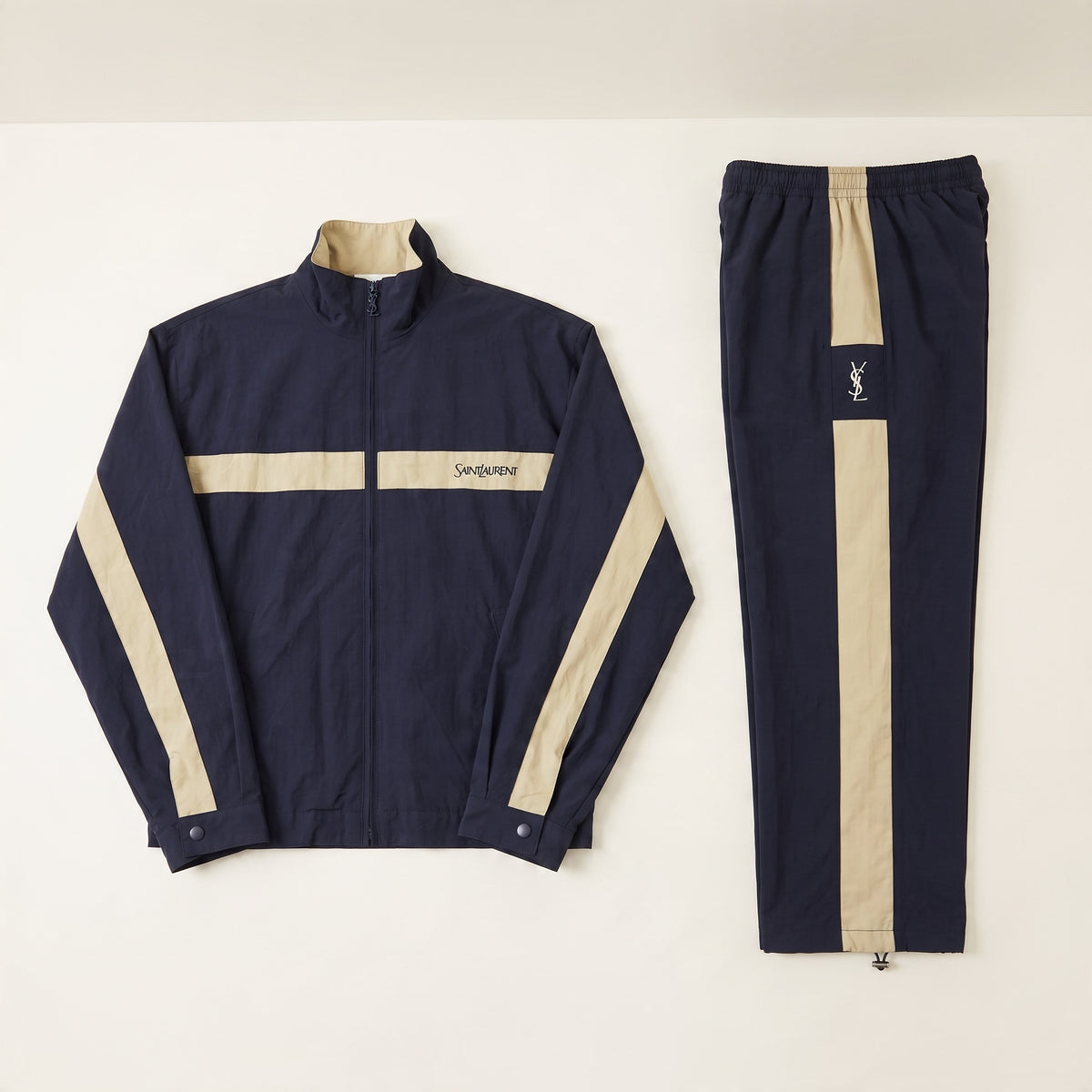 Saint Laurent navy and beige two-piece tracksuit with YSL logo