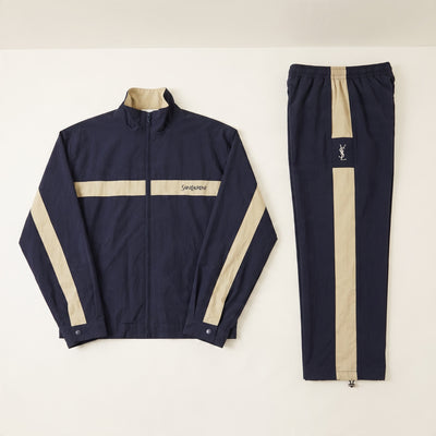 Saint Laurent navy and beige two-piece tracksuit with YSL logo