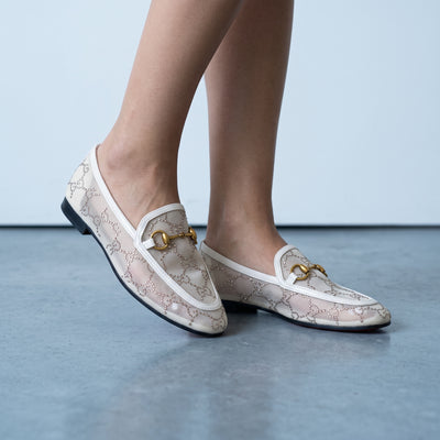 Ivory Gucci horsebit loafers with crystal GG mesh and white leather trim