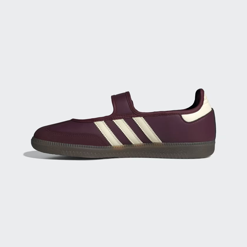 maroon adidas samba mary jane sneaker with cream three stripes and velcro strap