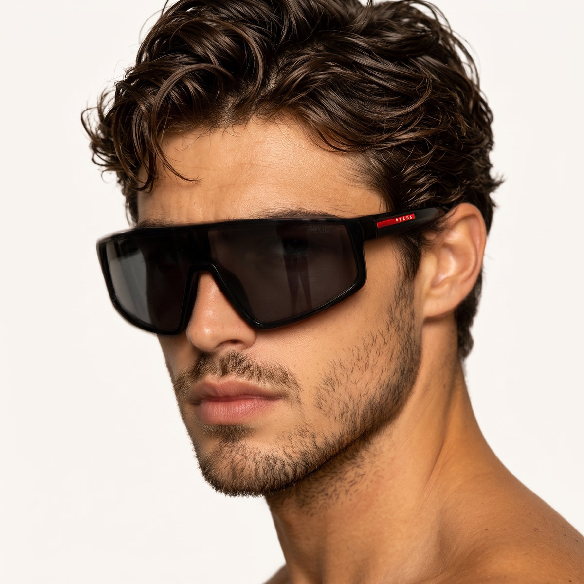 Prada oversized black shield sunglasses with red temple logo