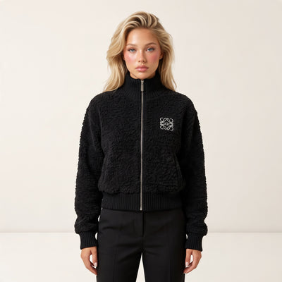 black sherpa zip jacket with ribbed collar and embroidered Loewe logo