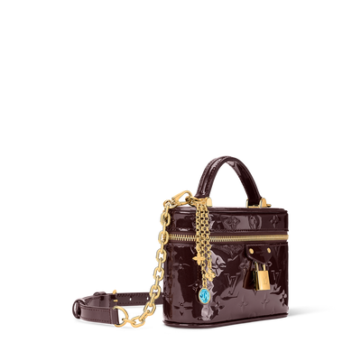 Louis Vuitton small burgundy patent monogram vanity bag with gold hardware and chain charm