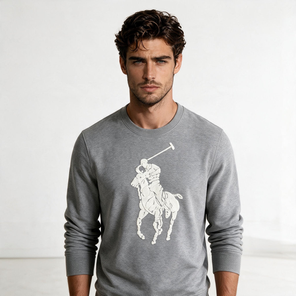 Grey Polo Ralph Lauren crewneck sweatshirt with large white Big Pony logo