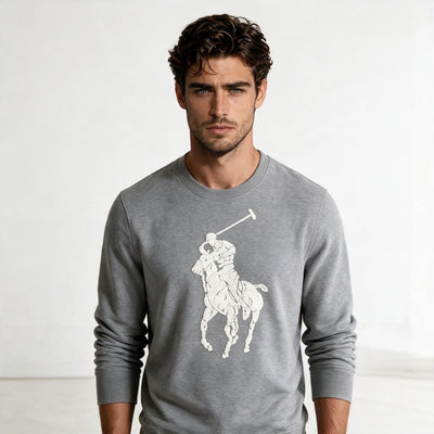 Grey Polo Ralph Lauren crewneck sweatshirt with large white Big Pony logo
