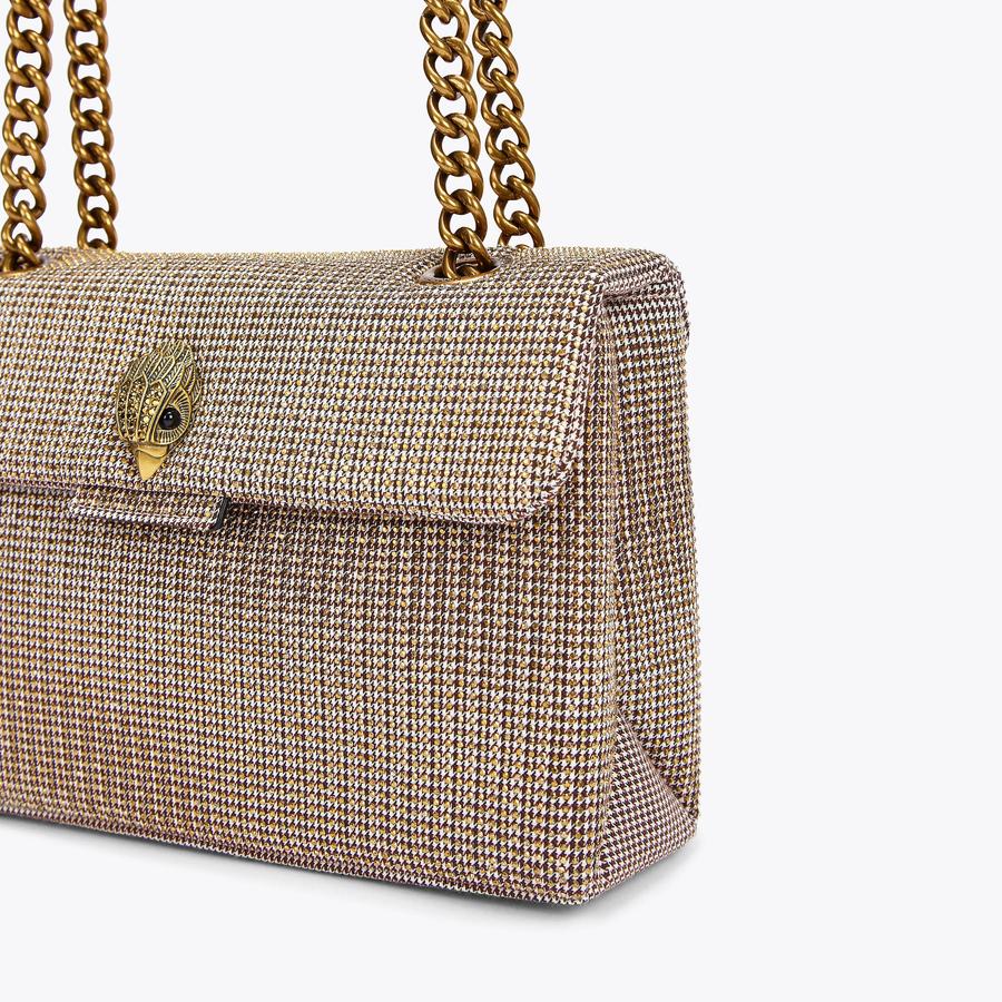 Kurt Geiger brown houndstooth shoulder bag with double chain strap and bird-head clasp