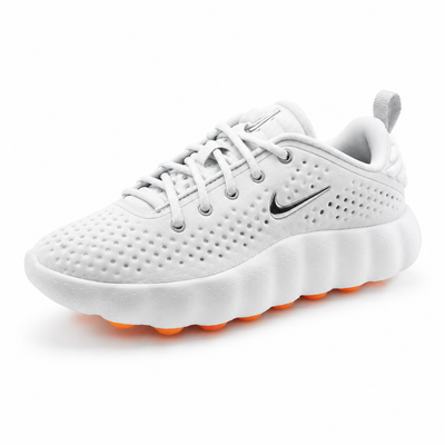 White Nike perforated sneakers with orange pod sole shown from multiple angles