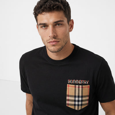 Black Burberry T-shirt with beige check chest pocket and Burberry logo