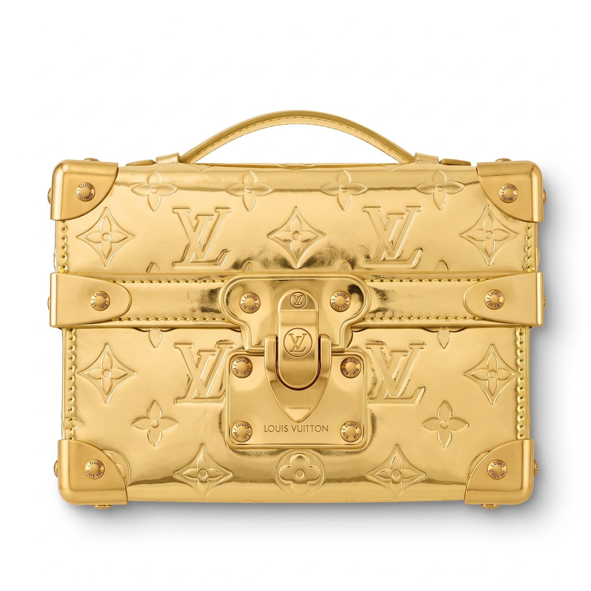 Gold Louis Vuitton Petite Malle mini trunk bag with top handle and embossed monogram