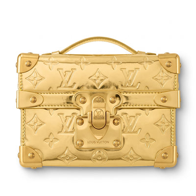 Gold Louis Vuitton Petite Malle mini trunk bag with top handle and embossed monogram