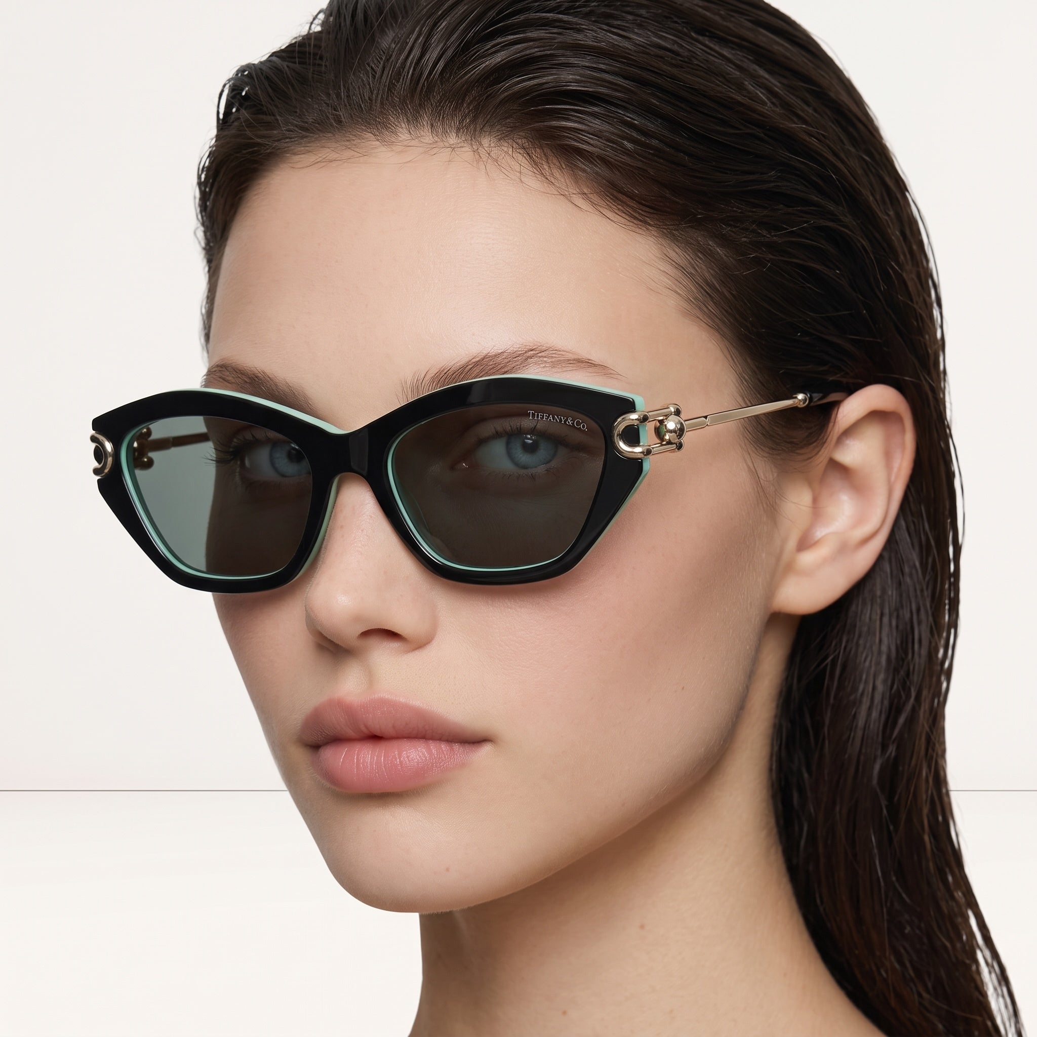 Tiffany & Co. black cat-eye sunglasses with mint inner rim and gold-tone temples