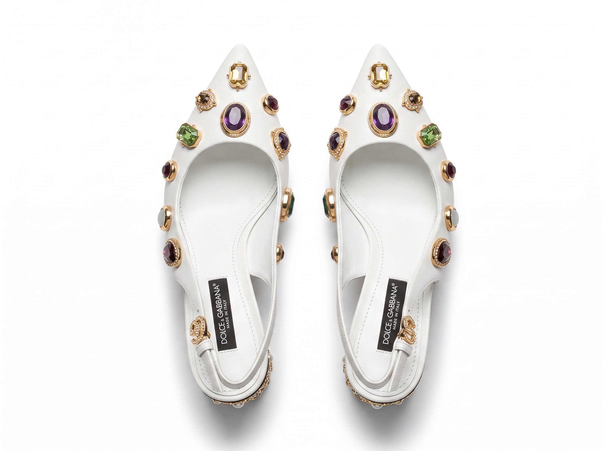 White Dolce & Gabbana slingback heels with jeweled embellishments and gold sculptural heels
