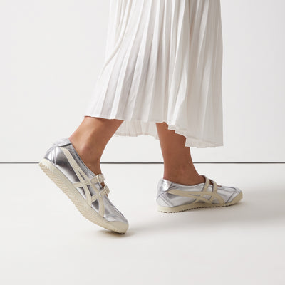 Onitsuka Tiger silver Mary-Jane style low-profile sneakers with cream stripes and double buckle straps