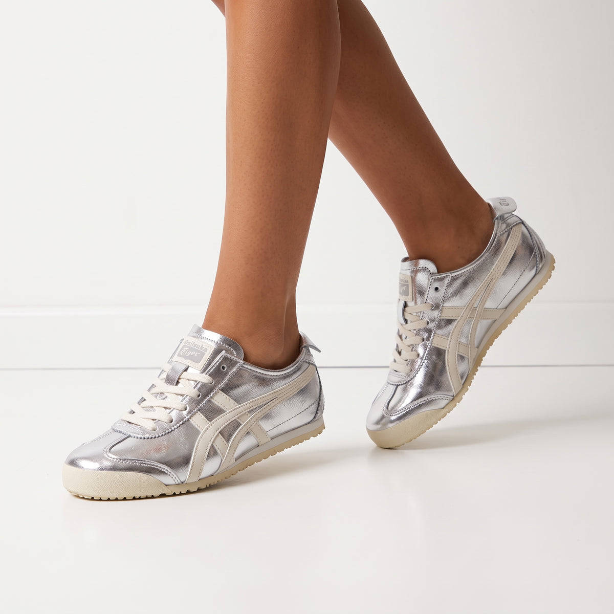 silver Onitsuka Tiger Mexico 66 sneakers with cream stripes and gum sole