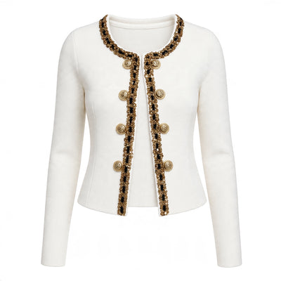 Ivory cropped cardigan with gold braided trim and round gold buttons