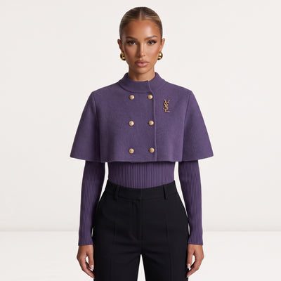 Saint Laurent cropped purple cape jacket with gold buttons and YSL logo