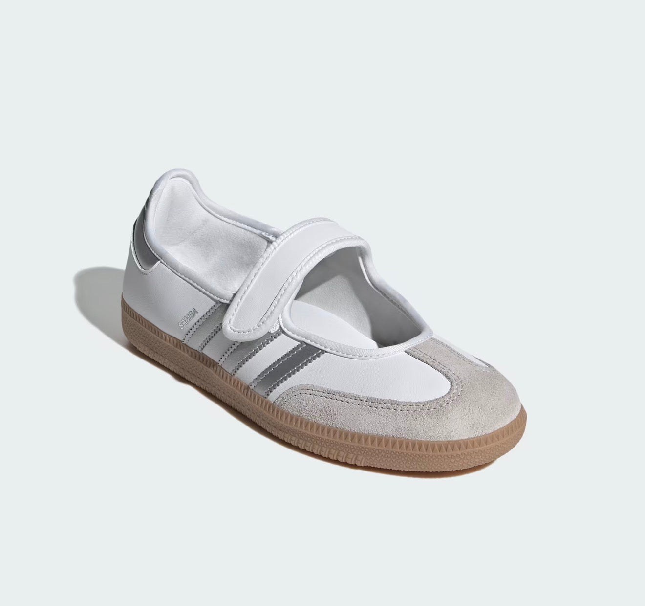 white adidas Samba Mary Jane sneaker with gum sole and velcro strap