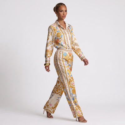 Versace cream printed button-up shirt with gold baroque seashell pattern