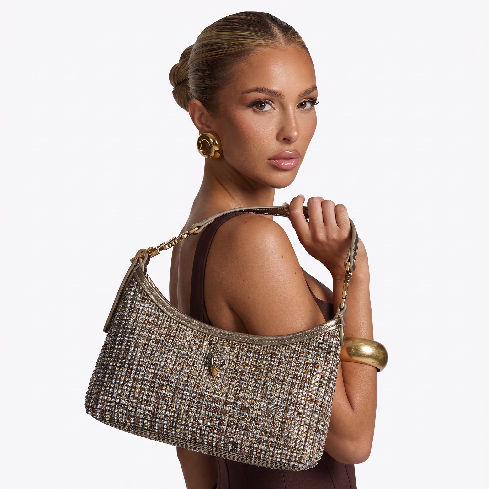 Kurt Geiger gold crystal-embellished hobo shoulder bag with signature hardware