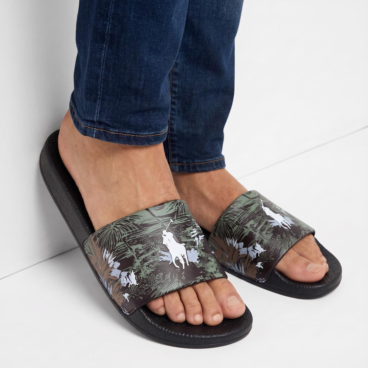 Polo Ralph Lauren tropical print black slide sandals with Polo pony logo on strap