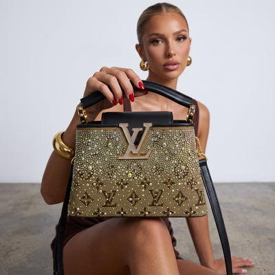 Louis Vuitton brown monogram top-handle bag with crystal studs and gold LV logo