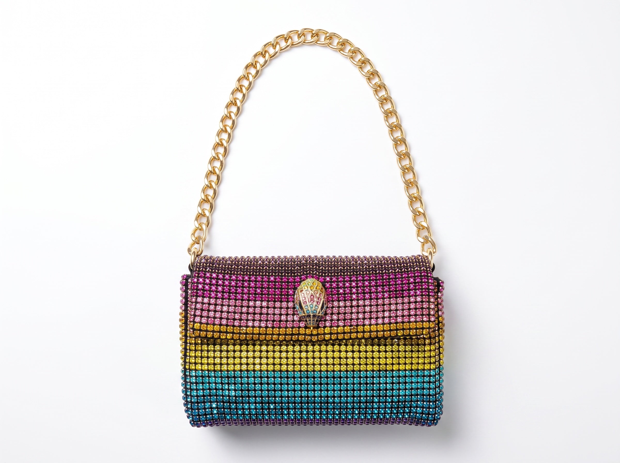 Rainbow crystal-studded shoulder bag with gold chain strap and decorative clasp
