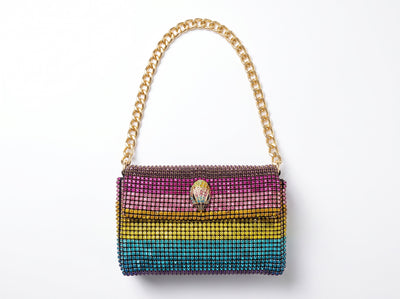 Rainbow crystal-studded shoulder bag with gold chain strap and decorative clasp