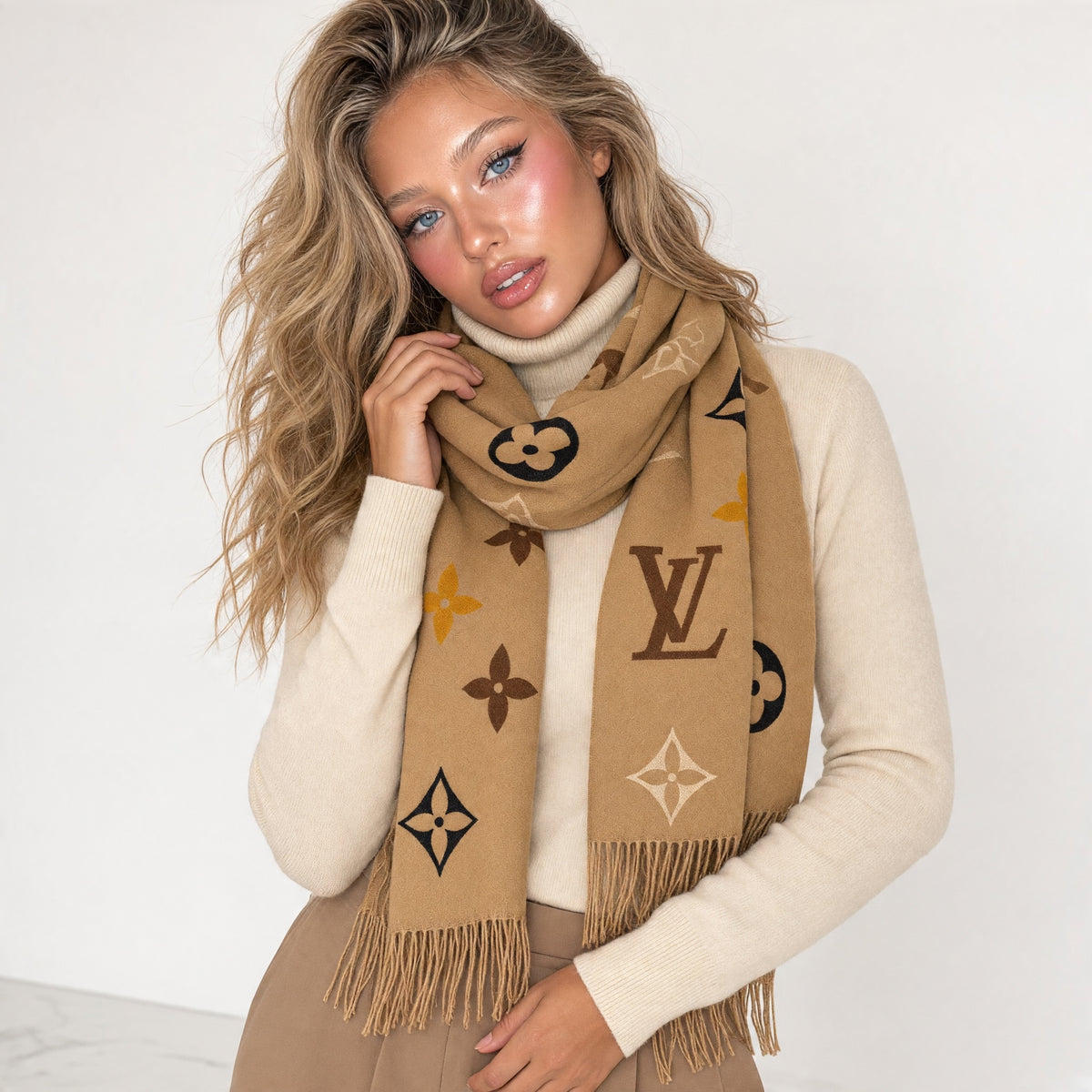 camel Louis Vuitton monogram scarf with fringe