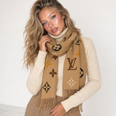 camel Louis Vuitton monogram scarf with fringe