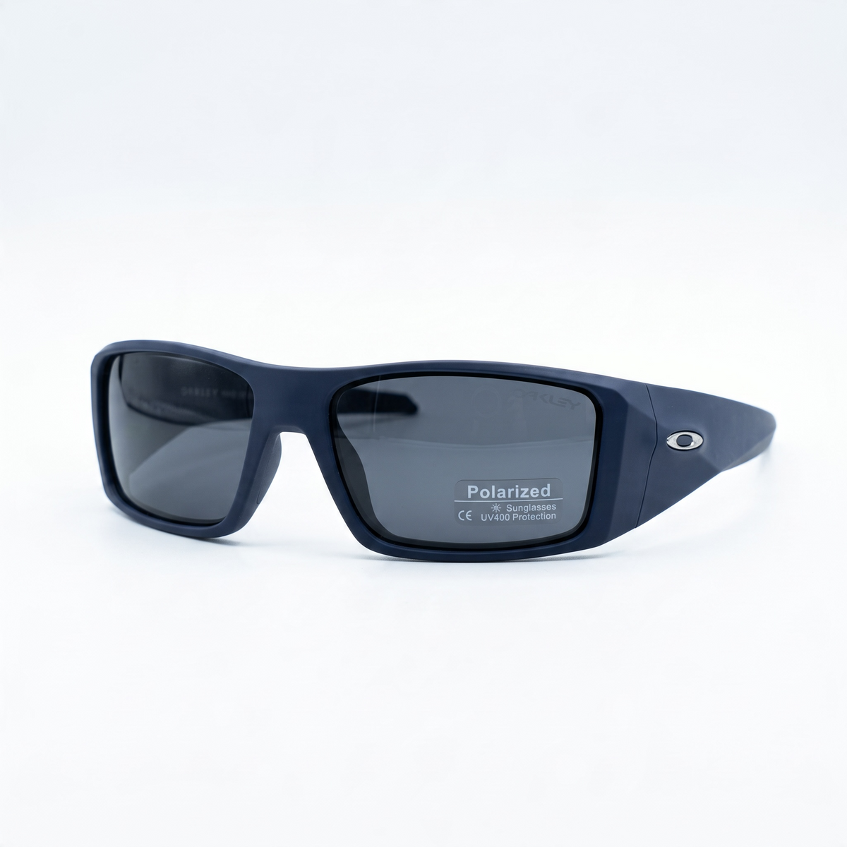 Oakley navy polarized wrap sunglasses with metal O logo