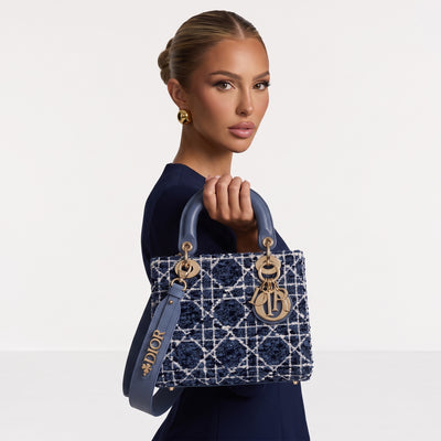 Dior Lady D-Lite small blue tweed tote with rounded leather handles and gold Dior charms
