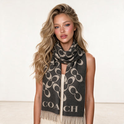 Coach rectangular scarf with all-over C motif, large COACH logo and fringed ends in charcoal and beige