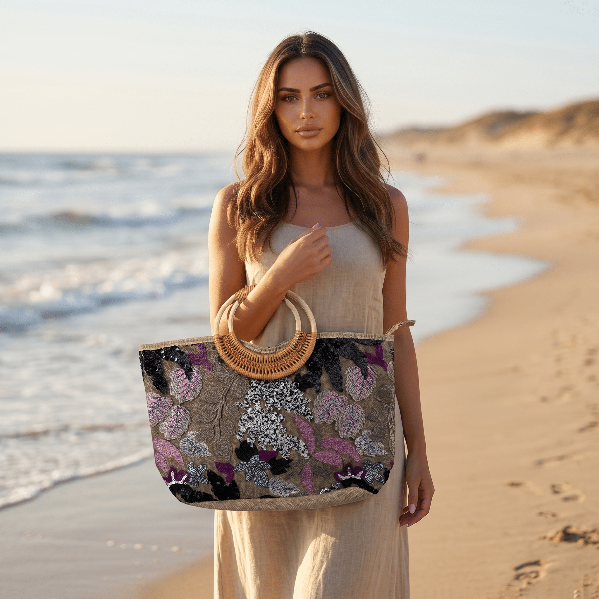 🖤 Elegant Floral Sequin Beach Tote Bag | Luxury Resort Summer Handbag ✨ - MASTERPIECE