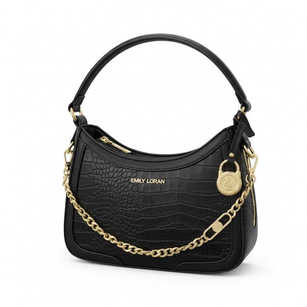 EMILY LORAN Croc Shoulder Bag 🖤✨ | Gold Chain Luxury Statement - MASTERPIECE