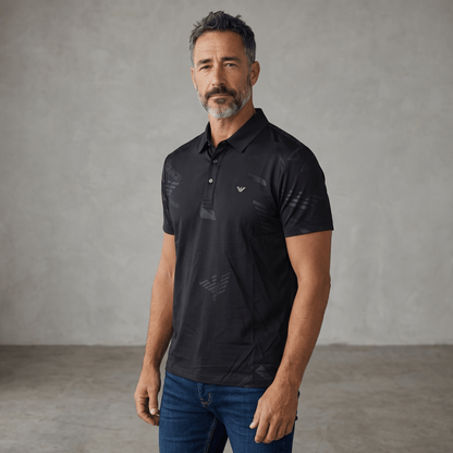 Emporio Armani Black Pattern Polo 🖤✨ Tonal Monogram Edition - MASTERPIECE