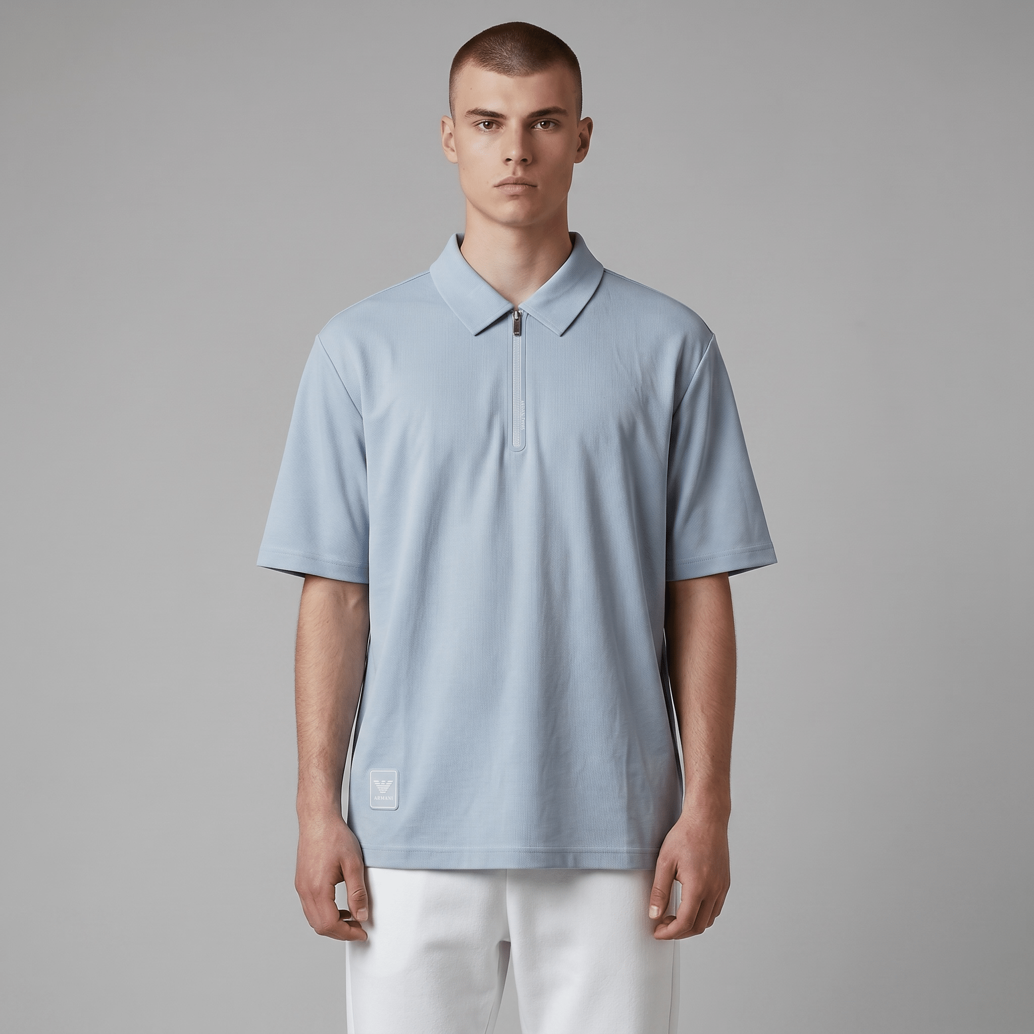 💎❄️ Emporio Armani Ice Blue Zip Polo Shirt – Luxury Modern Collection 👔✨ - MASTERPIECE