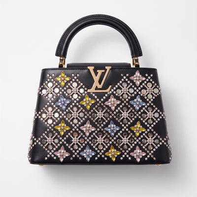 Louis Vuitton black Capucines top-handle bag with crystal floral embellishments and gold LV plaque